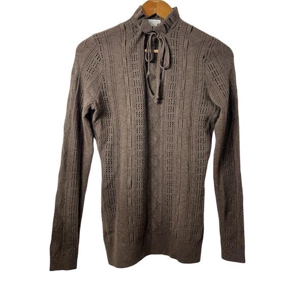 Aeve Womens Cashmere Pointelle Ruffle Tie Neck Sweater Size M Brown Quiet Luxury - Picture 1 of 8